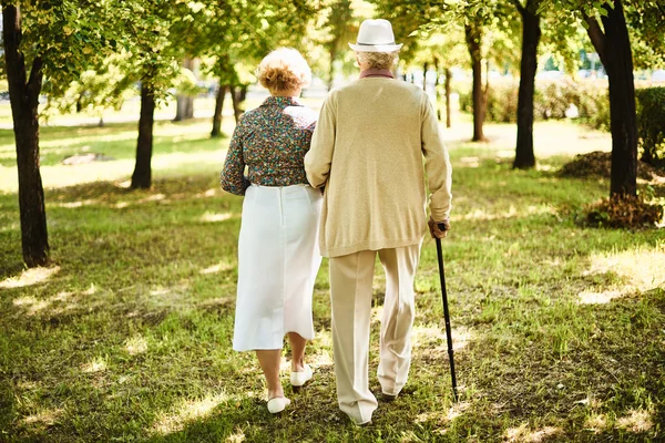 Seniorzy na spacer w parku — Zdjęcie stockowe