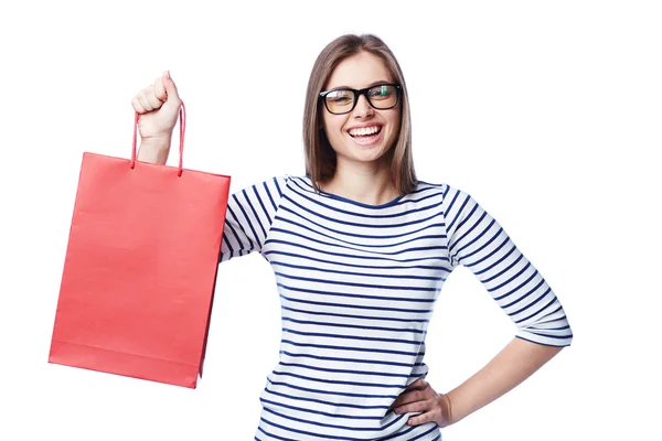 Mulher com saco de compras vermelho — Fotografia de Stock