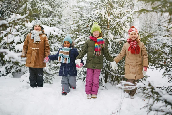 Amigos alegres em roupas de inverno — Fotografia de Stock