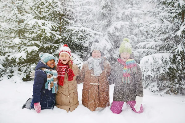 Друзья веселятся в снегу — стоковое фото