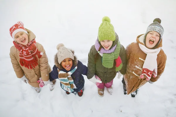 Groep vrienden in sneeuwjacht — Stockfoto