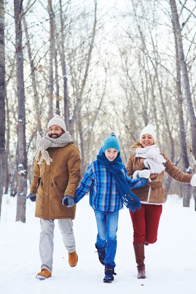 Family  walking in winter park — Stock Photo, Image