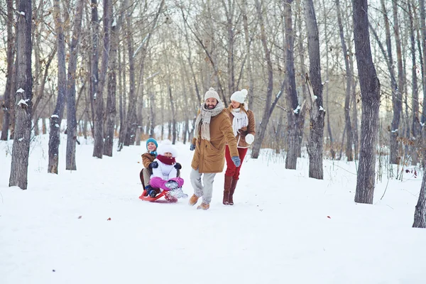 Homme chevauchant des enfants sur luge — Photo