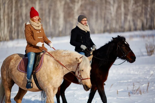 Молода щаслива пара з конями — стокове фото