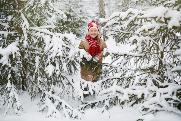 積雪のモミの木の小さな女の子 — ストック写真