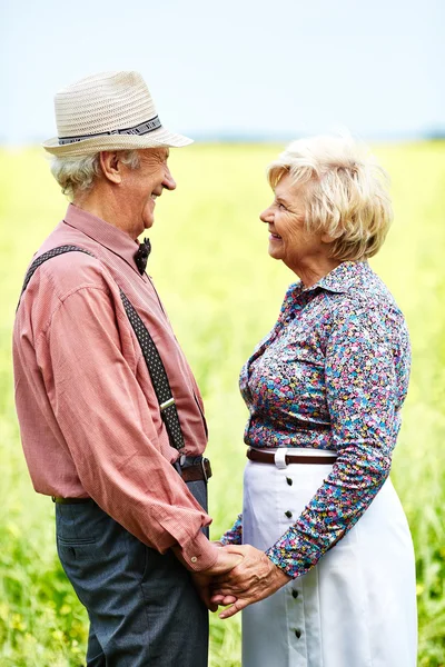 Glada pensionärer på äng — Stockfoto