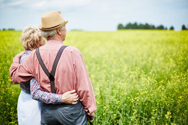 Glada pensionärer på äng — Stockfoto