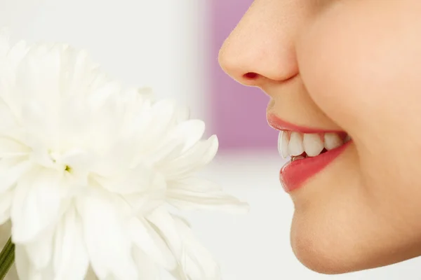 Woman enjoying chrysanthemum — Stock Photo, Image