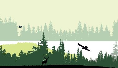 Mavi ve yeşil ağaç siluetleri ve vahşi hayvanlarla dolu eski bir orman manzarası.