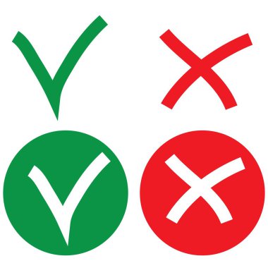 Kabul Edildi / Reddedildi, Onaylandı / Onaylanmadı, Evet / Hayır, Doğru / Yanlış, Yeşil / Kırmızı, Doğru / Yanlış, Ok / Tamam - vektör sembolleri yeşil ve kırmızı.
