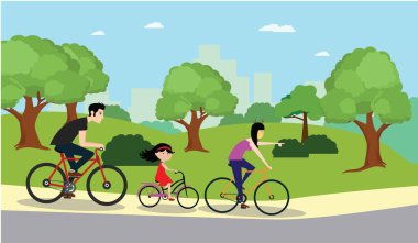 Aile parkta bisiklet sürüyor, anne, baba, oğul ve kız bisiklete biniyor, düz çizgi film tasarımı. Vektör ebeveynler ve çocuklar birlikte eğleniyorlar, hobi olarak spor yapıyorlar, kasklı çocuk.