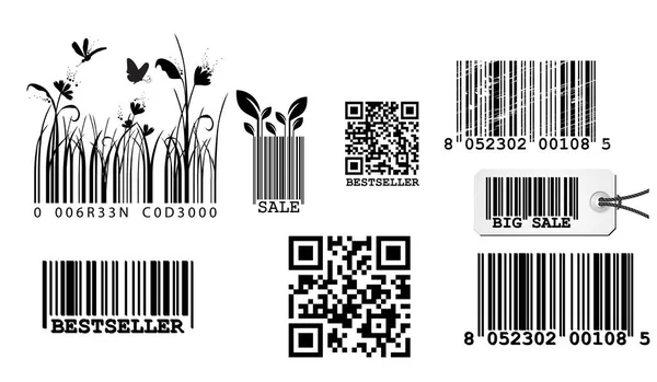 条形码扫描条形码 Qr码和工业条形码 产品库存徽章 条形码贴纸和包装条 超级市场扫描条形码标志 孤立向量图标集 — 图库矢量图片
