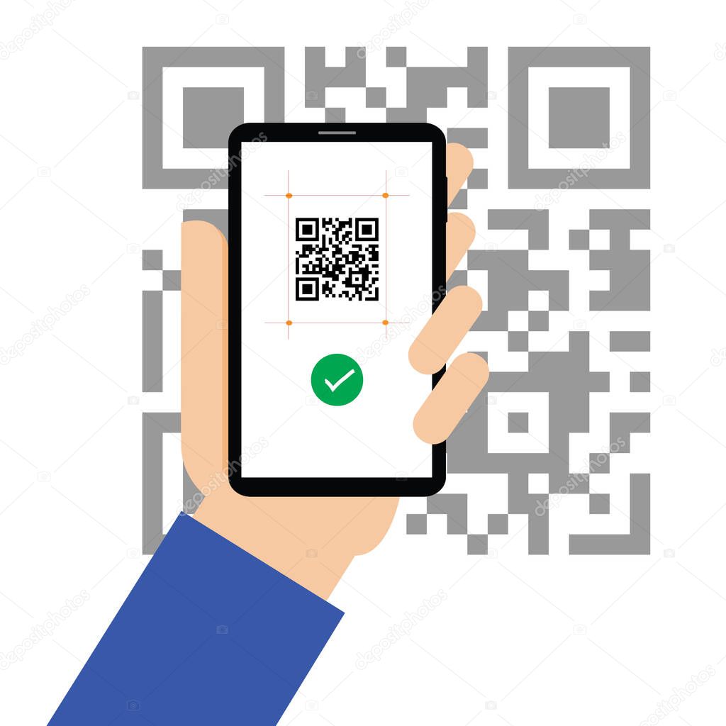 Smartphone in hand scan QR code. Qrcode on phone camera. Vector flat illustration.