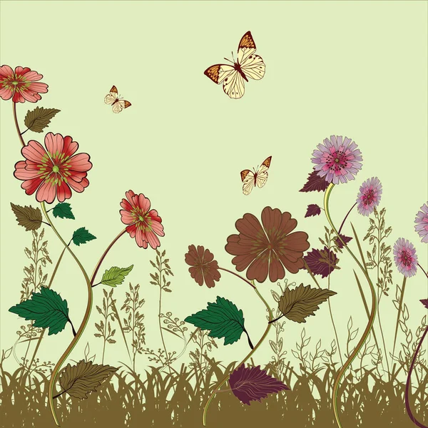 Vector Floral Απρόσκοπτη Σύνορα Λουλούδια Του Καλοκαιριού Πράσινα Φύλλα Αμυγδαλόπαστα — Διανυσματικό Αρχείο