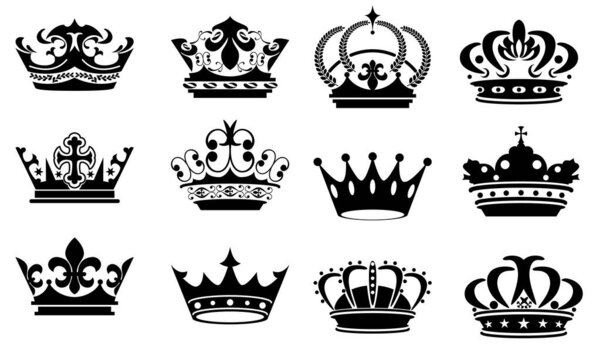 Big collection quolity crowns. Crown icon set. Collection of crown silhouette. Royal Crown icons collection set. Vintage crown.