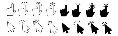 Bilgisayar faresi imleci. İşaretçi imleci. İmleç simgeleri ayarlandı. İmleç tıklatılıyor, el ile simgeleri işaret ediyor