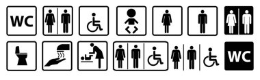 WC simgeleri ayarlandı. Tuvalet tabelası. Erkek, kadın, bebeği olan anne ve özürlü siluetleri koleksiyonu. Erkekler ve kadınlar tuvaleti.
