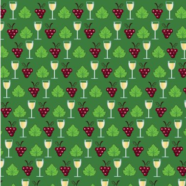 Üzümsüz demet kırmızı, beyaz şarap kadehleri ve gri arka planda şişeler, kırmızı ve beyaz üzüm desenleri