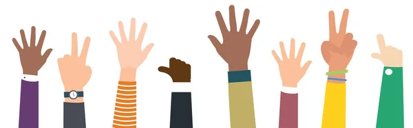 子供の手を挙げろ 異なる国籍の子供たちが手を振っています 友情と幸せな子供時代のコンセプト — ストックベクタ