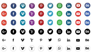 Popüler sosyal medya simgelerini ayarla. Facebook, instagram, twitter, youtube, pinterest, behance, google, linkedin, Whatsap, snapchat ve dahası. Editör vektörü