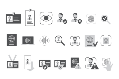 Düz stil kimlik ağ simgeleri. Kimlik doğrulama simgeleri koleksiyonu. Kimlik bilgisi, pasaport, biyometri, kimlik kartı ve parmak izi içeriyor. Düzenlenebilir vuruşlar.