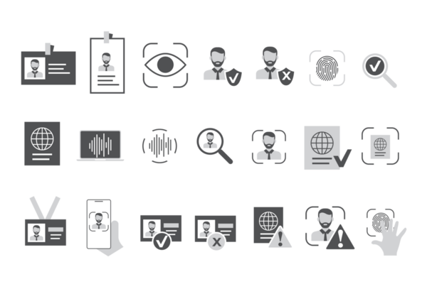 Düz stil kimlik ağ simgeleri. Kimlik doğrulama simgeleri koleksiyonu. Kimlik bilgisi, pasaport, biyometri, kimlik kartı ve parmak izi içeriyor. Düzenlenebilir vuruşlar.