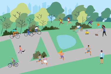 Şehir parkı sahnesi, açık hava eğlence aktiviteleriyle uğraşan insanlarla dolu. Düz renkli vektör çizimi.