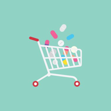 Birçok renkli tablet ve haplar alışveriş arabasında yığılmıştır..