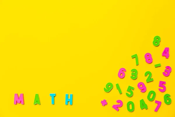 Word Math Written Yellow Background Colored Plastic Toy Letters Nearby — Stock Photo, Image