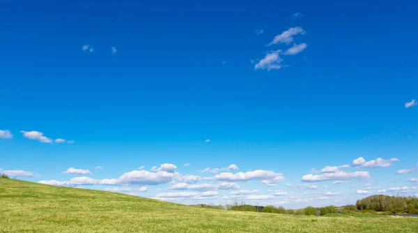 Grüne Wiese Und Sonne Vor Blauem Himmel Mit Wolken Das — Stockfoto