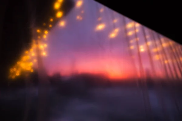Blurred Pattern Christmas Golden Lights Garland Bright Evening Sunset Winter — Stock Photo, Image