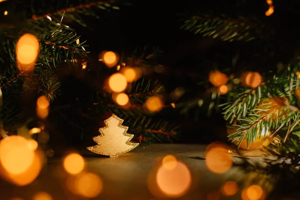 Candle Christmas Tree Blurry Dark Background Golden Bokeh Garland Christmas — Stock Photo, Image