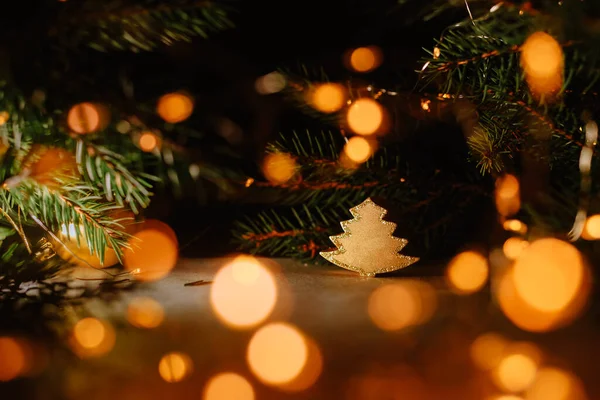 Candle Christmas Tree Blurry Dark Background Golden Bokeh Garland Christmas — Stock Photo, Image