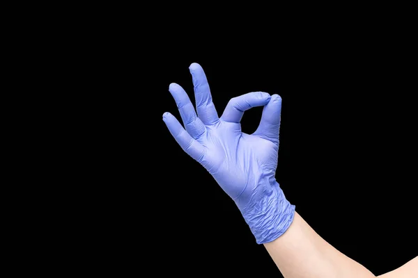 Χέρι Γάντι Απομονωμένο Μαύρο Φόντο Σύμβολο Εντάξει Όλα Είναι Καλά — Φωτογραφία Αρχείου