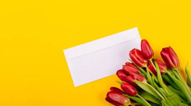 Sarı arka planda beyaz hediye çeki zarfında bir buket kırmızı lale ve mesaj atmak için bedava bir yer var. Örnek iş ya da davetiye kartı. 14 Şubat Sevgililer Günün kutlu olsun. Kadın Günü 8 Mart.