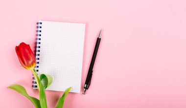Pembe masa arkasında kırmızı lale ve kalem olan spiral not defterini aç. Metin için fotokopi alanı olan blog 'un tanıtımı ya da görselleştirilmesi için şablon. İş kartviziti. Sertifika modeli. Üst görünüm.