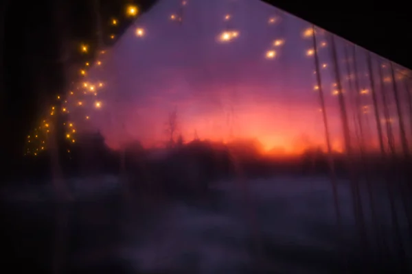 Blurred Pattern Christmas Golden Lights Garland Bright Evening Sunset Winter — Stock Photo, Image