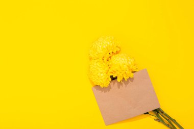 Sarı arka planda, kopya alanı ve metin yeri olan el sanatları zarfı olan üç bereketli sarı kasımpatı. Hediye çeki. Kartpostal Uzun zamandır beklenen mektup. Tatil afişi. Kağıt dükkanı. Kartvizit.