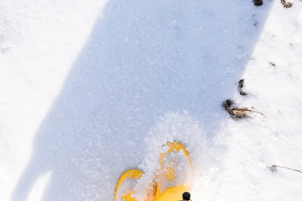 Passeio Inverno Botas Borracha Amarelas Neve Fresca Chuta Neve Solta — Fotografia de Stock