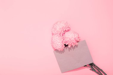 Üzerinde sarı arka planda fotokopi alanı ve metin yeri olan el işi zarfları olan üç bereketli pembe kasımpatı. Hediye çeki. Kartpostal Uzun zamandır beklenen mektup. Tatil afişi. Kağıt dükkanı. Kartvizit.