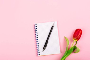 Pembe masa arkasında kırmızı lale ve kalem olan spiral not defterini aç. Metin için fotokopi alanı olan blog 'un tanıtımı ya da görselleştirilmesi için şablon. İş kartviziti. Sertifika modeli. Üst görünüm.