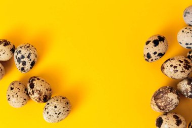 Bıldırcın yumurtaları, sarı kağıdın üzerinde fotokopi alanı olan ya da mesaj için boş bir yer bırakırlar. Paskalya tatili. Ziyaret kartı. Dini düzen. İlkbahar tasarımı. Sağlıklı gıda ürünü. Çiftlik organik üretimi.