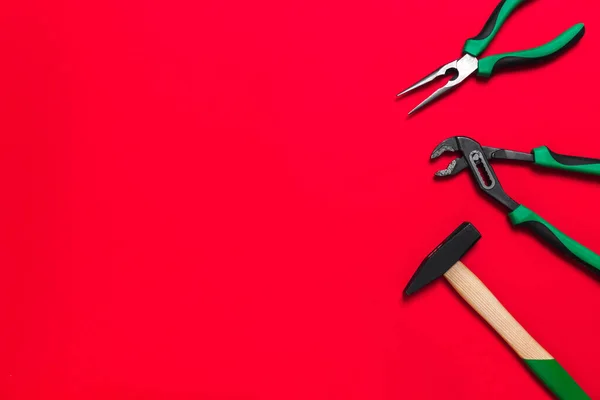 Set Quality Green Building Tools Repair Car House Red Background — Stock Photo, Image