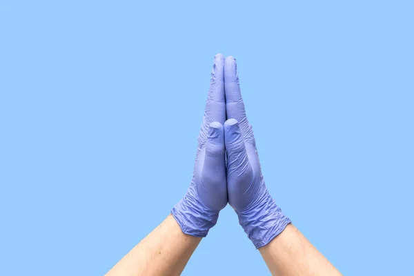 Hands Latex Medical Gloves Folded Together Indicating Process Prayer Pray — Stok fotoğraf