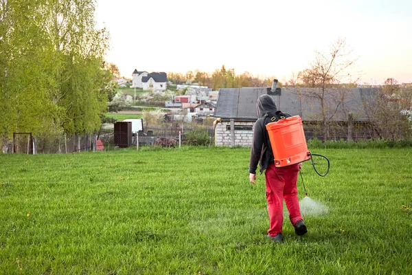 Çiftçiler tarlaya koruyucu giysiler giyerek böcek ilacı sıkarlar. Uygun bir korumalı böcek ilacı spreyi. Yabani otlar ve karahindiba ile ot tedavisi. Uzayı kopyala Bahçe bakımı sezonu. Erkek.