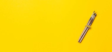 Doğal malzemelerden yapılmış bir fırça seti, temiz sarı bir zemin üzerinde elastik bir bantta toplanmış. Sanat okulu reklamları, resim kursları ve hobiler için pankart. Üst görünüm.