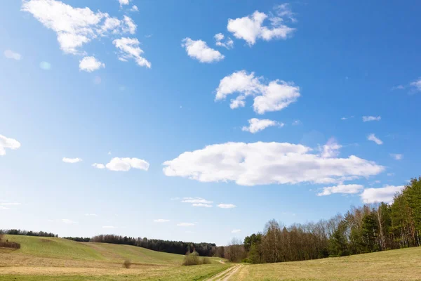 Ein Ländlicher Feldweg Erstreckt Sich Kurven Waldrand Entlang Einem Feld — Stockfoto