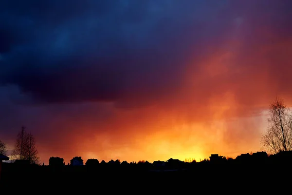 Orman Yangını Kızıl Gün Batımı Akşam Fırtınası Manzarası Siyah Düz — Stok fotoğraf