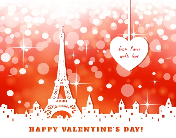 Silhouette Eiffel Tower Old Town Heart Abstract Red Valentine Background — Stock Vector