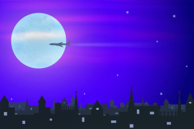 Eski Şehir, vektör çizim üzerinde uçan büyük ay arka plan uçakta